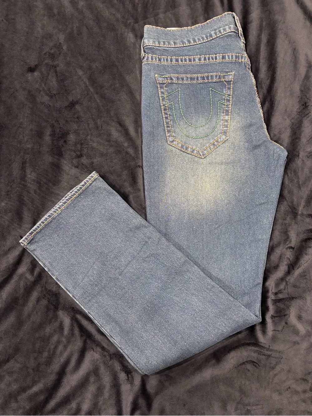True Religion Blue Jeans with Green Stitching Accent
